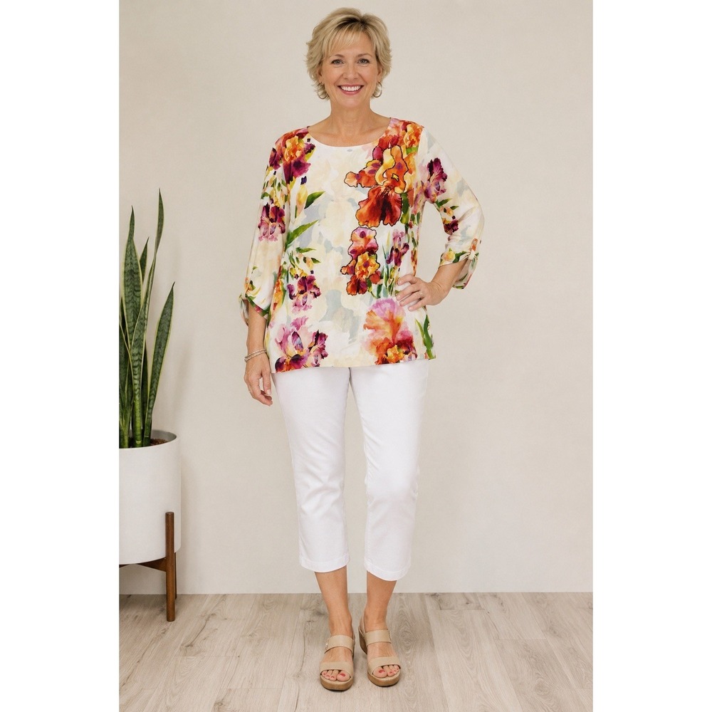 Chicos XL Floral Beaded Sequin Art Top Rolled Tab Sleeve Multicolor Blouse